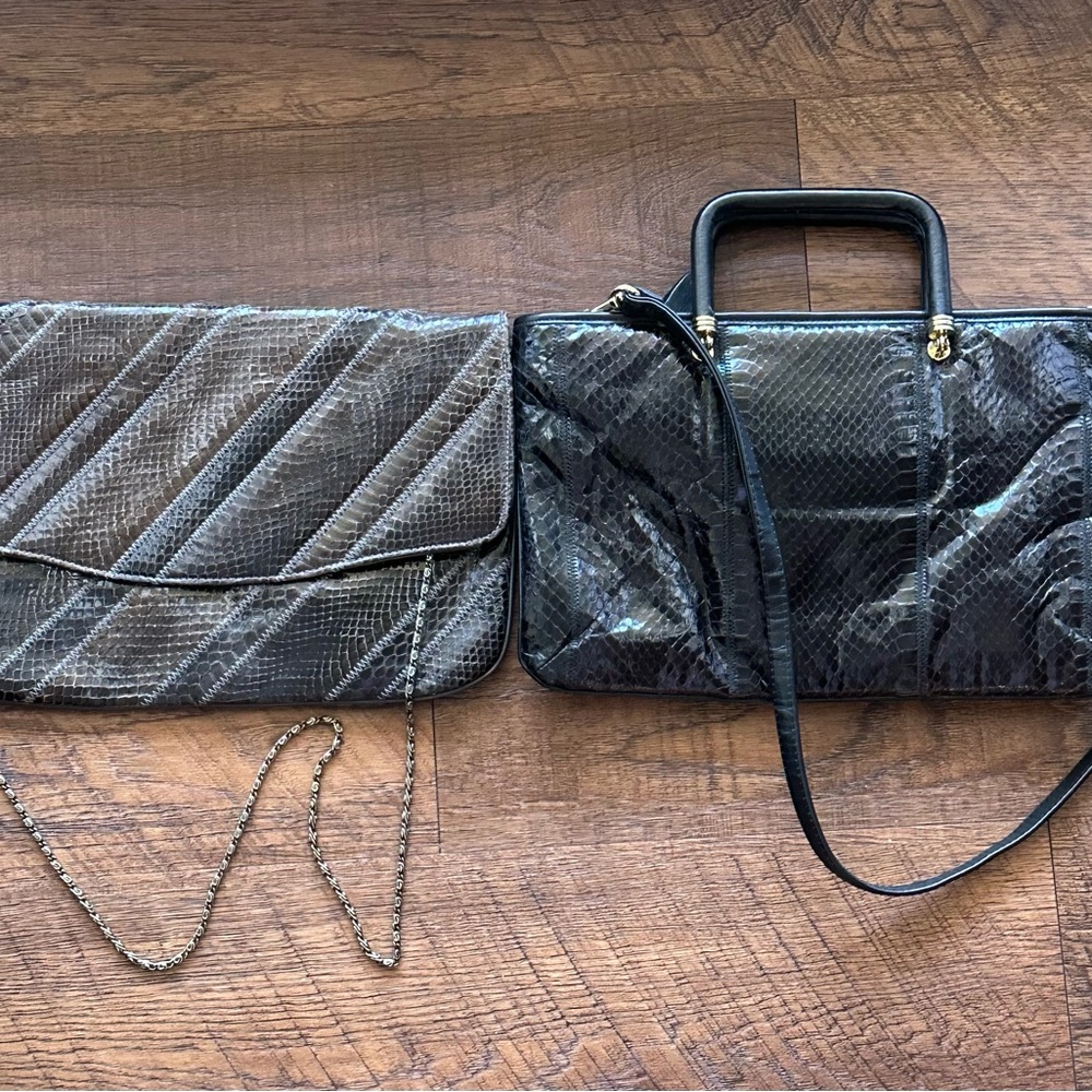 Lot of TWO vintage actual snakeskin purses handbags black and brown